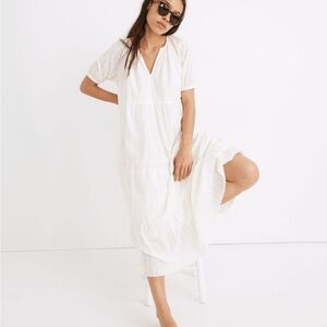 Madewell womens bubble sleeve tiered midi textured stripe off white dress M